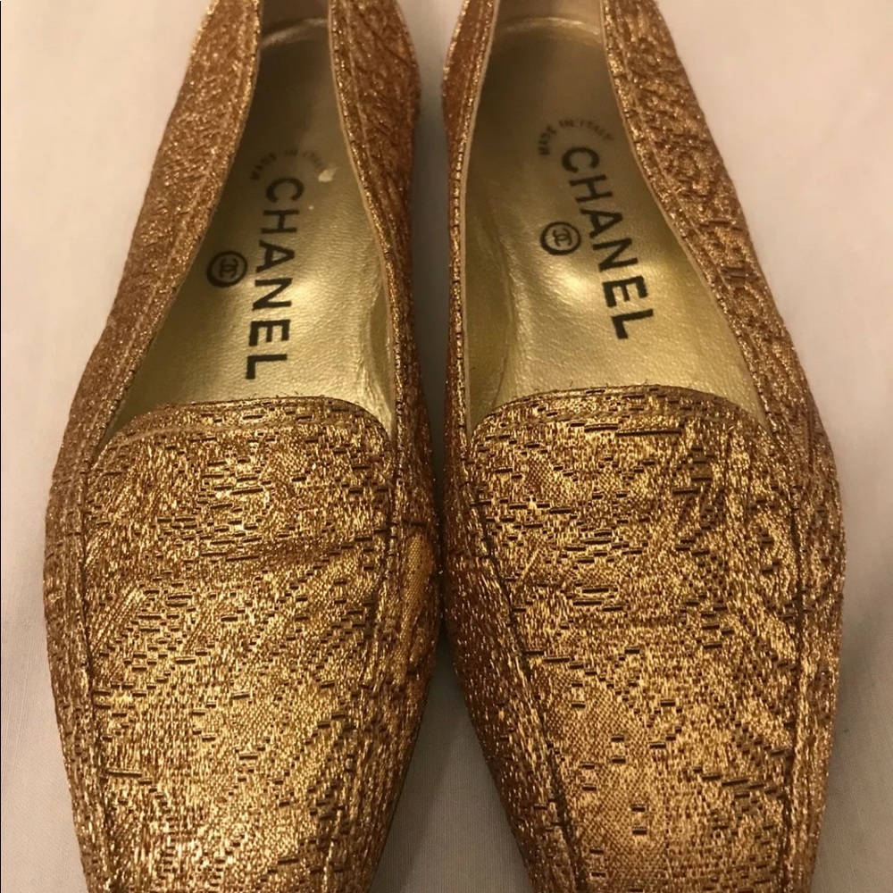Authentic Chanel CC  Ballet Gold Flats Shoes 5 US